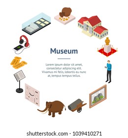Museum Exhibits Galleries Banner Card Circle Isometric View Include of Ticket, Sculpture, Statue, Amphora and Dinosaur. Vector illustration of Exhibition Gallery