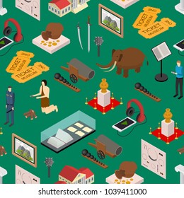 Museum Exhibits Galleries Seamless Pattern Background Isometric View Include of Ticket, Sculpture, Statue, Amphora and Dinosaur. Vector illustration of Exhibition Gallery
