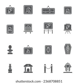 Museum exhibits glyph icons set. Art gallery linear style symbols collection, outline signs pack. vector graphics. Set includes icons as paintings, ancient vases, museum building, mummy, face mask