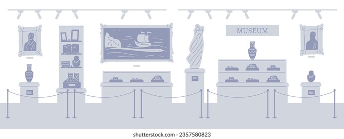 Museum exhibits and interior, art gallery. Expositions paintings, sculptures, famous artworks, landmarks. Vector illustration of museum inside without visitors, empty in gray colors