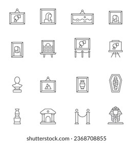 Museum exhibits line icons set. Art gallery linear style symbols collection, outline signs pack. vector graphics. Set includes icons as paintings, ancient vases, museum building, mummy, face mask