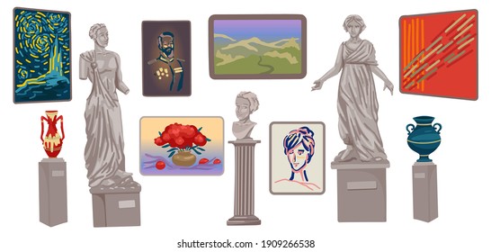 Museum exhibits, a set of statues and vases, a bust and framed paintings. Portrait, landscape oil painting. Stone statue Objects on a white background. Vector cartoon flat illustration