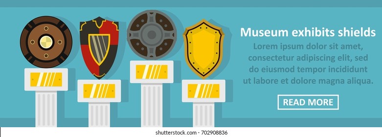 Museum exhibits shields banner horizontal concept. Flat illustration of museum exhibits shields banner horizontal vector concept for web