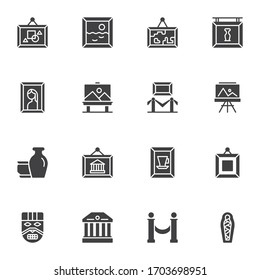 Museum exhibits vector icons set, modern solid symbol collection, filled style pictogram pack. Signs, logo illustration. Set includes icons as paintings, ancient vases, museum building, mummy, mask