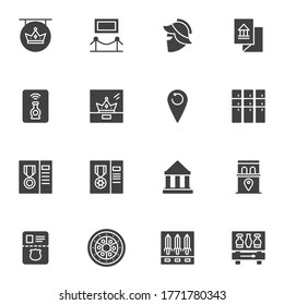 El museo exhibe iconos vectoriales, colección moderna de símbolos sólidos, paquete de pictogramas estilo relleno. Señales, ilustración del logotipo. El juego incluye íconos como casco antiguo del caballero, armas medievales, corona real