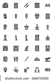 El museo exhibe iconos vectoriales, colección moderna de símbolos sólidos, paquete de pictogramas estilo relleno. Señales, ilustración del logotipo. El conjunto incluye iconos como galería de arte museo, guía, pintura de cuevas antiguas, estatua