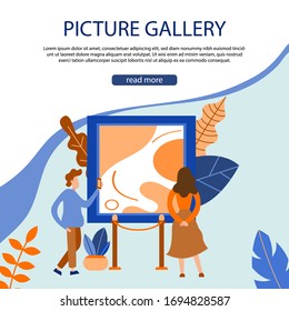 Exposición de museo. Galería de arte con obras de arte modernas. Pancarta plana de moda, afiche. Ilustración del vector
