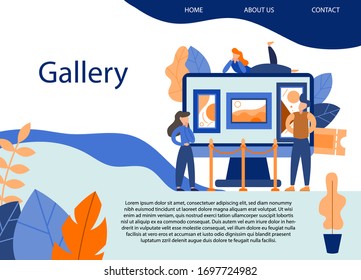 Exposición de museo. Galería de arte con obras de arte modernas. Pancarta plana de moda, afiche. Ilustración del vector
