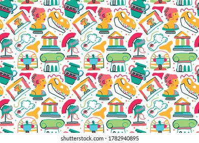 museum exposition seamless pattern in trendy naive style with white backgrund. Creative history wallpapper for boys and girls.