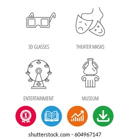 Museum, ferris wheel and theater masks icons. 3d glasses linear sign. Award medal, growth chart and opened book web icons. Download arrow. Vector