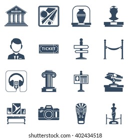 Museum Flat Icon Set With Black Silhouette  Symbols Of Museum Interior Exhibit And Special Signs Vector Illustration