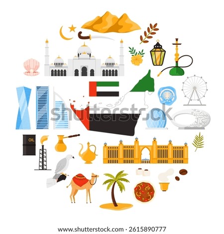 Museum of Future and Burj Al Arab hotel, Pointe shopping mall in circle with title cartoon vector illustration. Travel to UAE, set of culture elements and landmarks in round infographic banner