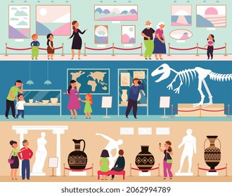 Museum gallery. Cartoon character people, visitors art exhibit. Dinosaur skeleton and sculpture, painting artwork decent vector illustration