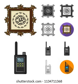 Museum and gallery cartoon,black,flat,monochrome,outline icons in set collection for design. Storage and exhibition of showpiece vector symbol stock web illustration.