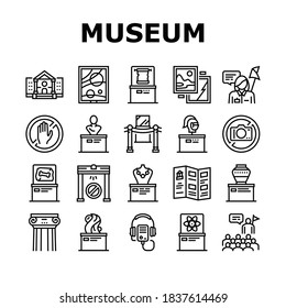 Museum Gallery Exhibit Collection Icons Set Vector. Museum Building And Paint, Sculpture And Statue, Audio Guid Player And Metal Detector Black Contour Illustrations