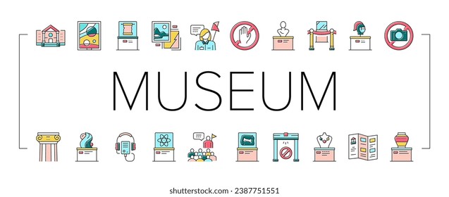 Museum Gallery Exhibit Collection Icons Set Vector. Museum Building And Paint, Sculpture And Statue, Audio Guid Player And Metal Detector Concept Linear Pictograms. Color Contour Illustrations