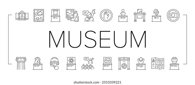 Galería del museo Exhibición Iconos de Colección Conjunto Vector. Edificio De Museos Y Pintura, Escultura Y Estatua, Reproductor De Audio Guid Y Detector De Metales Ilustraciones De Contorno Negro