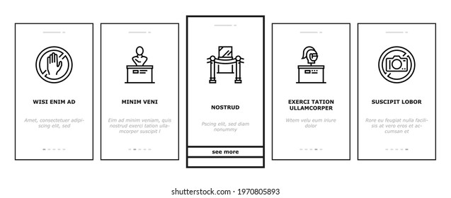 Museum Gallery Exhibit Onboarding Mobile App Page Screen Vector. Museum Building And Paint, Sculpture And Statue, Audio Guid Player And Metal Detector Illustrations