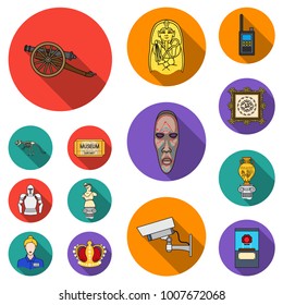 Museum and gallery flat icons in set collection for design. Storage and exhibition of showpiece vector symbol stock web illustration.