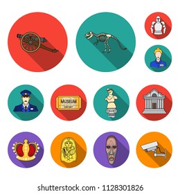 Museum and gallery flat icons in set collection for design. Storage and exhibition of showpiece vector symbol stock web illustration.