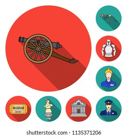 Museum and gallery flat icons in set collection for design. Storage and exhibition of showpiece vector symbol stock web illustration.