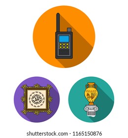 Museum and gallery flat icons in set collection for design. Storage and exhibition of showpiece vector symbol stock web illustration.