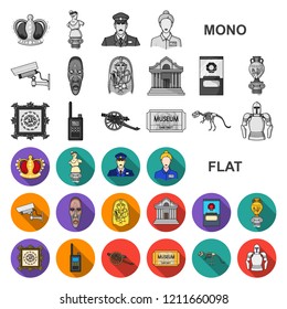 Museum and gallery flat icons in set collection for design. Storage and exhibition of showpiece vector symbol stock web illustration.