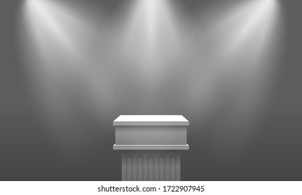 museum gallery grey empty interior with podium stage    three spot lights mock up vector illustration