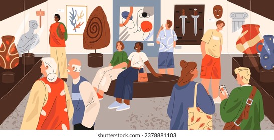 Museum gallery interior flat vector image. Art exhibition with people crowd watch artwork, greek statue, sculpture, painting and vase. Antique or history exposition. Excursion or presentation room.