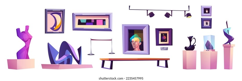 Museum or gallery interior set with modern artworks, paintings and sculptures. Contemporary exhibition and equipment, bench, spotlights and stands, vector cartoon illustration