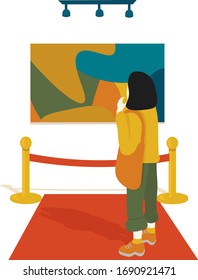 Museum or gallery modern art  inside. Woman look at famous expencive impressionism picture on the wall. red carpet and fence post. Illustration in flat style