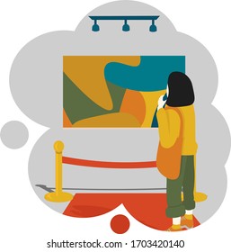 Museum or gallery modern art  inside. Woman look at famous expencive impressionism picture on the wall. red carpet and fence post. Illustration in flat style