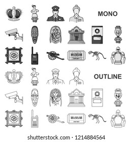 Museum and gallery monochrom icons in set collection for design. Storage and exhibition of showpiece vector symbol stock web illustration.