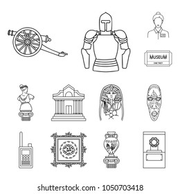 Museum and gallery outline icons in set collection for design. Storage and exhibition of showpiece vector symbol stock web illustration.