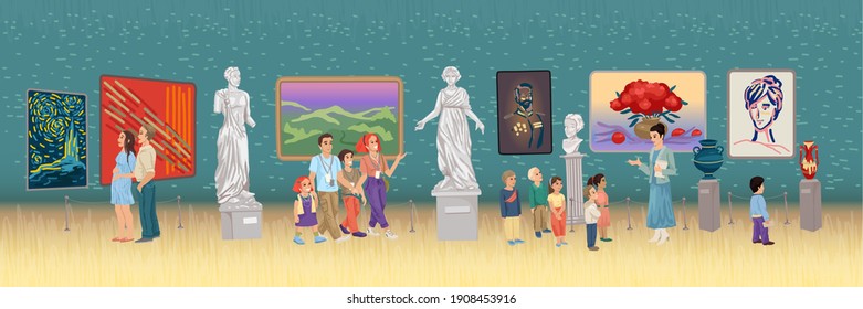 Museum gallery, people tourists visiting exhibits, paintings and statues, children and adults watching the sights, guided tour, listening audio guide. Vector illustration