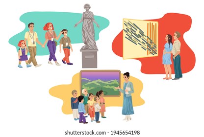 Museum gallery, people tourists visiting exhibits, paintings and statues, children and adults watching the sights, guided tour, family weekend actyvities, listening audio guide. Vector illustration