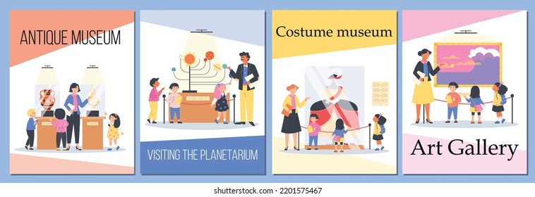 Museum And Gallery, Planetarium Tours For Kids Banners, Flat Vector Illustration. Art, History And Science Lesson For Children Banners Or Posters Collection.