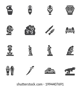 Conjunto de iconos vectoriales de galería de museos, colección moderna de símbolos sólidos, paquete de pictogramas estilo relleno. Señales, ilustración del logotipo. El conjunto incluye iconos como exhibición medieval, figura de estatua, manuscrito de pergamino