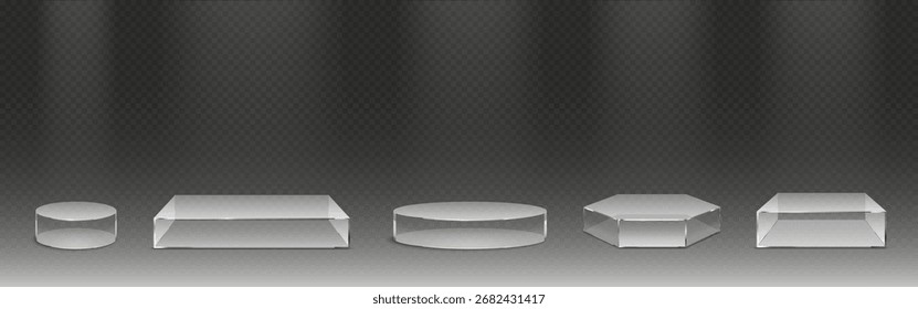 Plataformas de cristal de museo con Formas cuadradas, circulares y hexagonales para vitrinas. Pedestales transparentes o bases reflectantes de exposición para presentaciones de Galería y coleccionables.