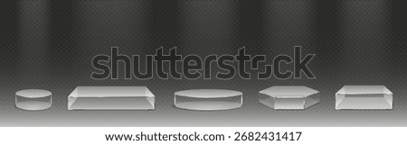 Museum glass box platforms with square, circular and hexagon shapes for display showcases. Transparent pedestals or exhibition reflective bases for gallery presentations and collectibles.