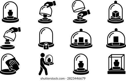 Museum glass cloche and display case icons set for exhibition and artifact protection
