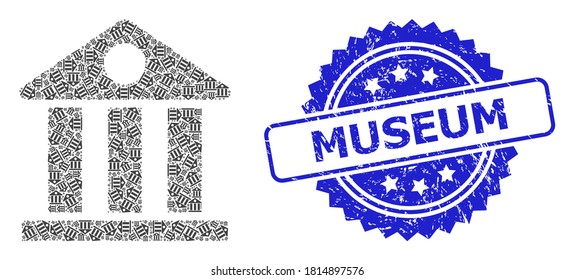 Museum grunge stamp seal and vector fractal composition museum. Blue stamp seal contains Museum title inside rosette. Vector collage is organized with repeating rotated museum items.
