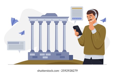 Museum guide concept. Man with smartphone in headset stands near marble columns. Smart assistant and assistant. Visitor at museum, exhibition or gallery. Flat vector illustration