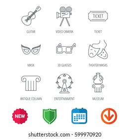 Museum, guitar music and theater masks icons. Ticket, video camera and 3d glasses linear signs. Entertainment, antique column icons. New tag, shield and calendar web icons. Download arrow. Vector