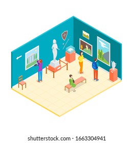 Museum Hall Interior 3d Isometric View Include of Picture and Visitor . Vector illustration