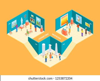 Museum Hall Interior with Furniture Isometric View Include of Column, Artifact, Picture, Visitor, Exposition and Excursion. Vector illustration