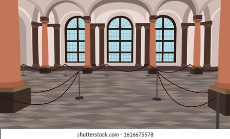 Museum Hall Interior Illustration Scenery Vintage Windows Front View Gallery Pillar Modern Columns Ballroom Cartoon Indoor Vector Artwork