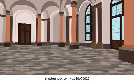 Museum Hall Interior Illustration Scenery Vintage Doors Windows Side View Gallery Pillar Modern Columns Ballroom Cartoon Indoor Vector Artwork