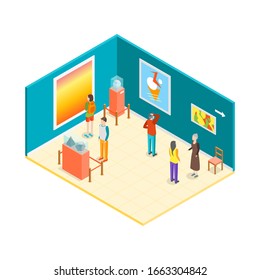 Museum Hall Interior Isometric View Include of Caretaker, Visitor, Exposition and Excursion. Vector illustration