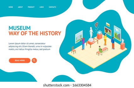 Museum Hall Interior Landing Web Page Template Isometric View Include of Column, Artifact, Picture, Visitor, Exposition and Excursion. Vector illustration